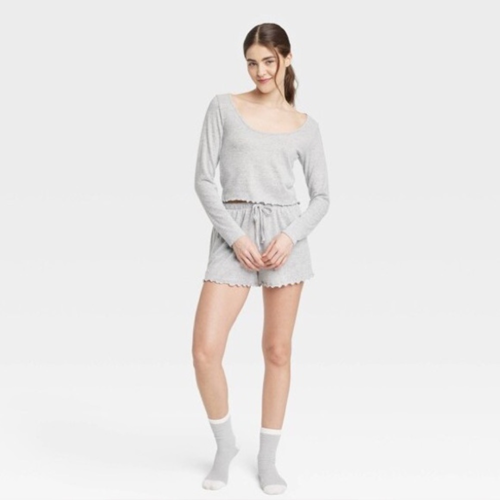 Colsie Brushed Knit Long Sleeve Top and Shorts Pajama Set - Gray - Picture 2 of 2